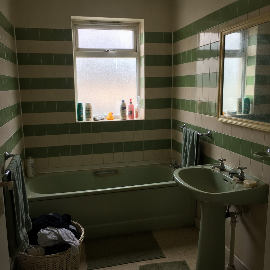 Dated 1980s bathroom with avocado suite, before renovation